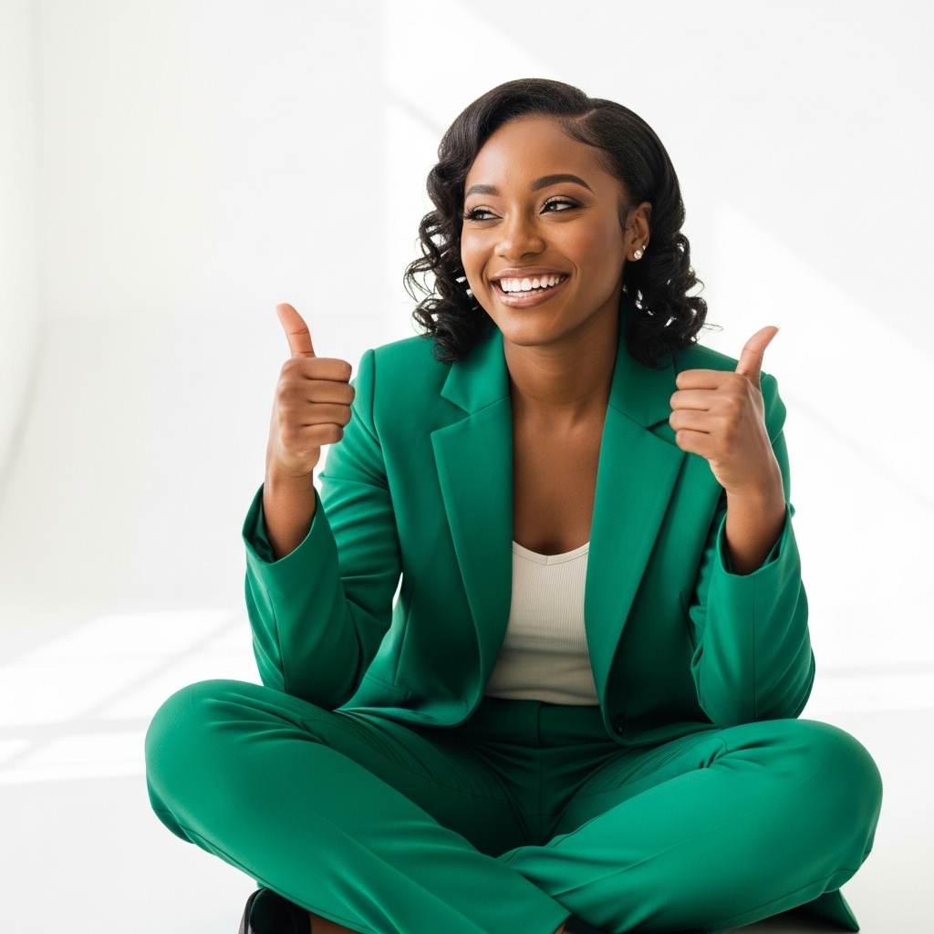 A black woman sitting cross-legged, smiling and giving thumbs up in a professional green outfit #3