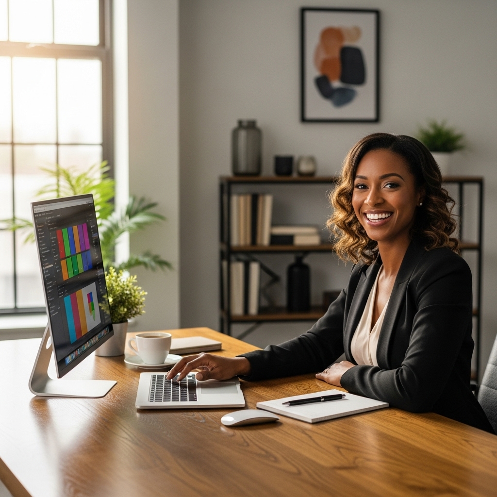 A happy black woman sitting in her office with her PC #2
