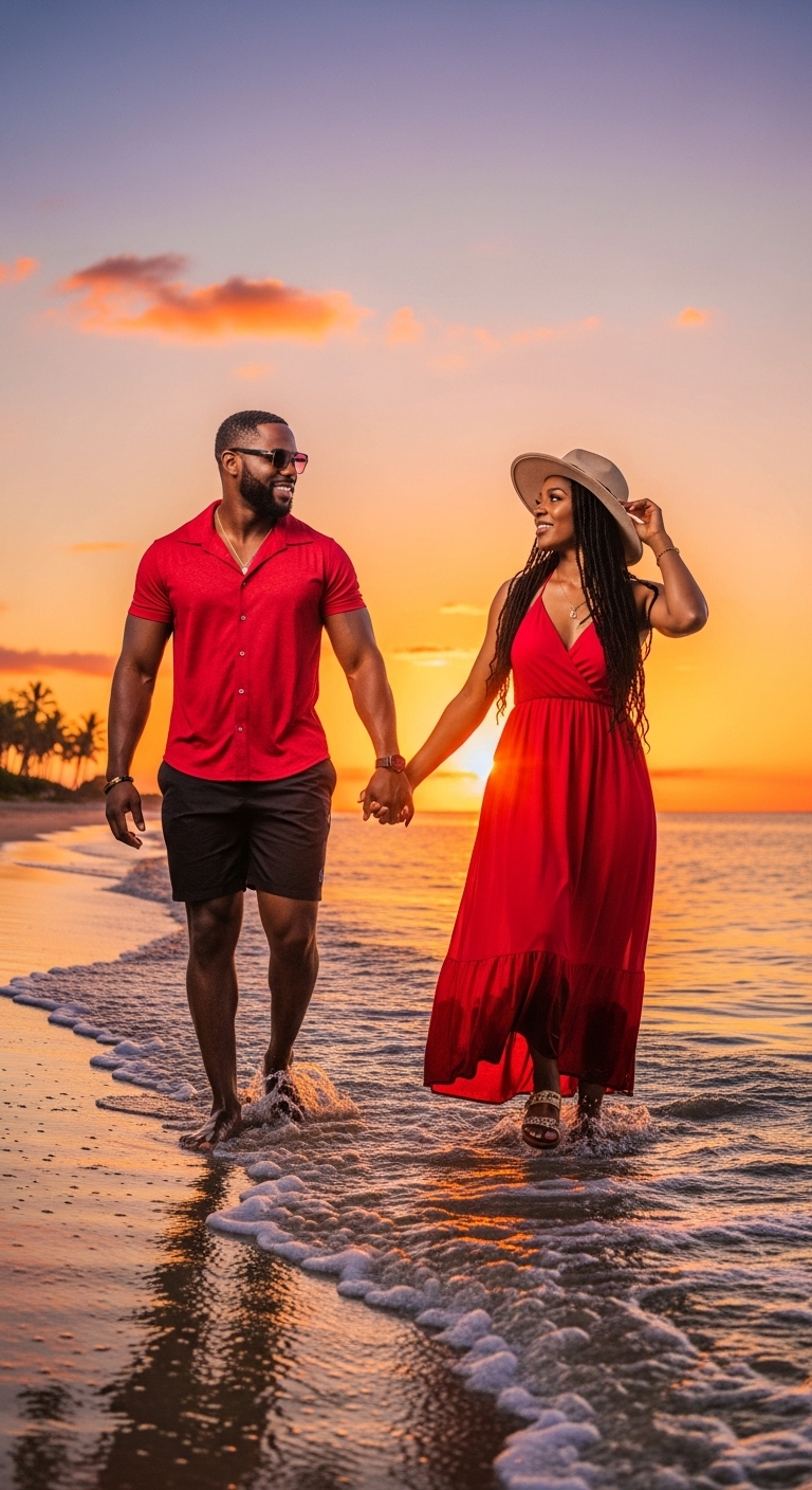 A black couple at the beach in red #1