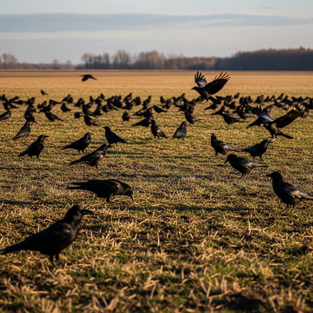 A group of black black birds in a field #3