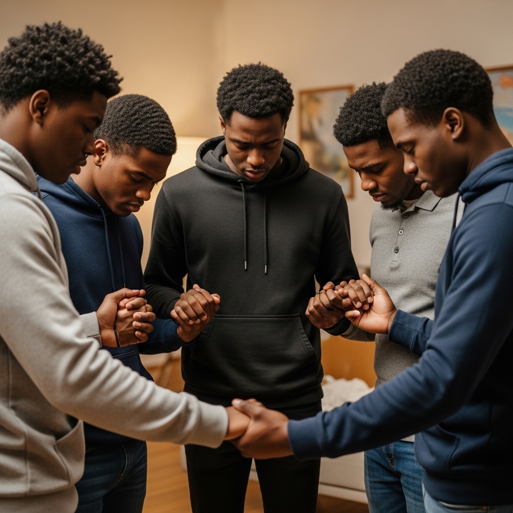 A group of black young guys holding their hands in a circle and praying #1