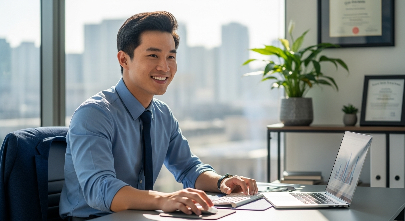 A happy young Asian man in professional attire in his office #1