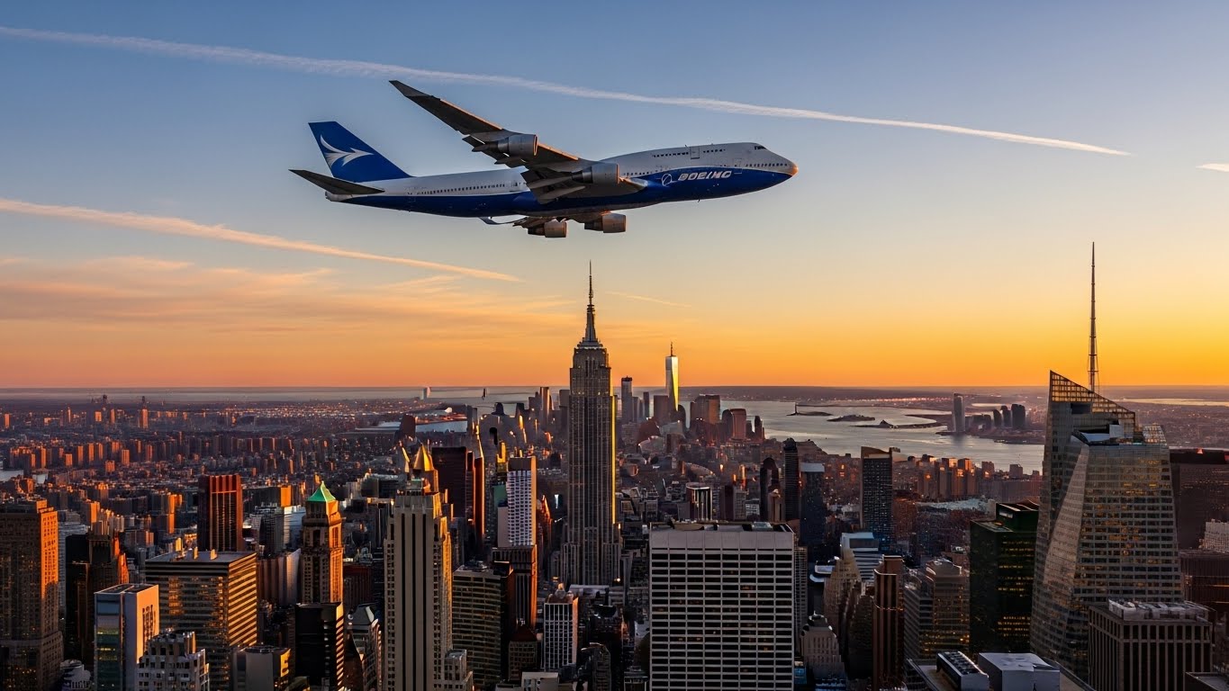 An airplane flying over Manhattan #1