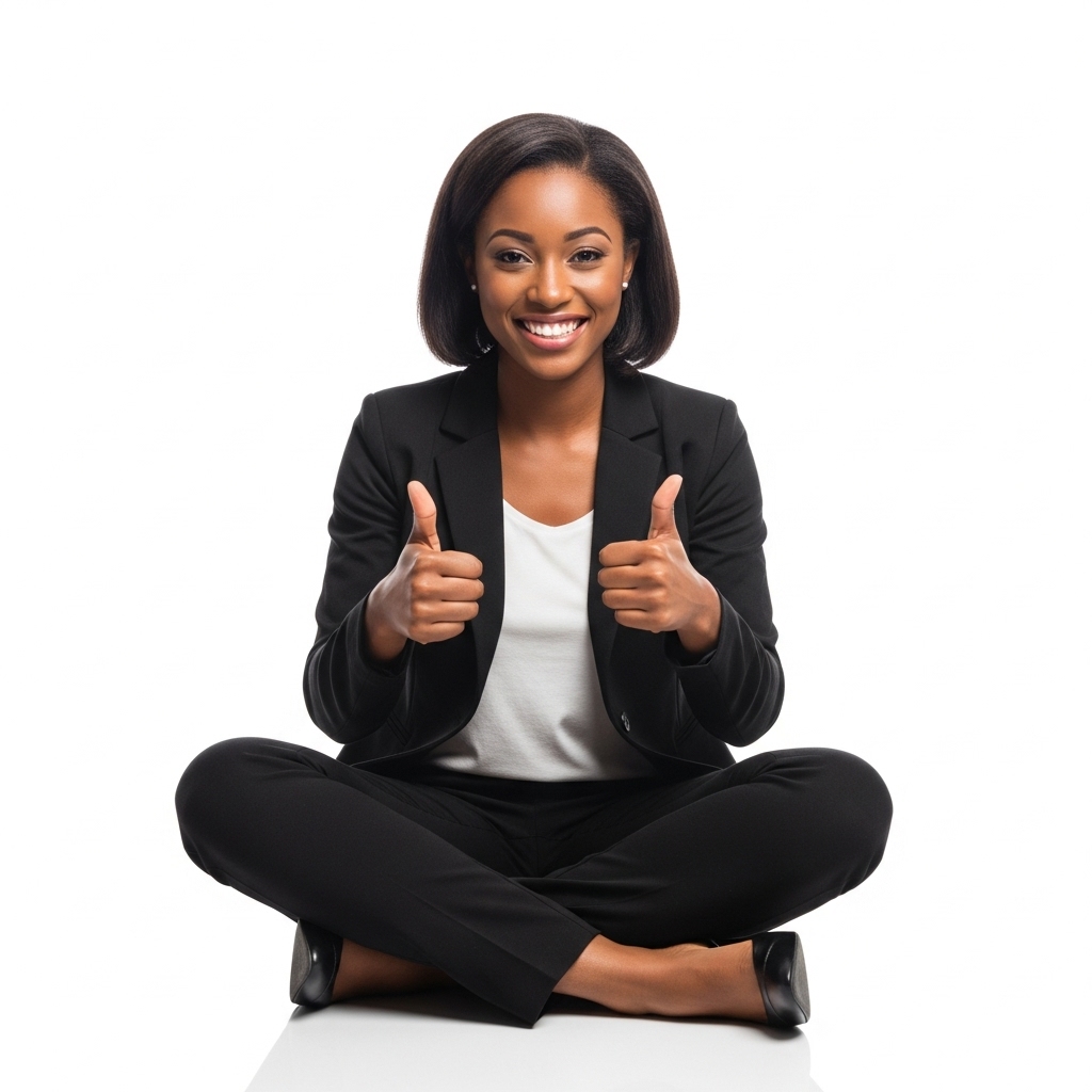 A black woman sitting cross-legged, smiling and giving thumbs up in a professional black outfit #4