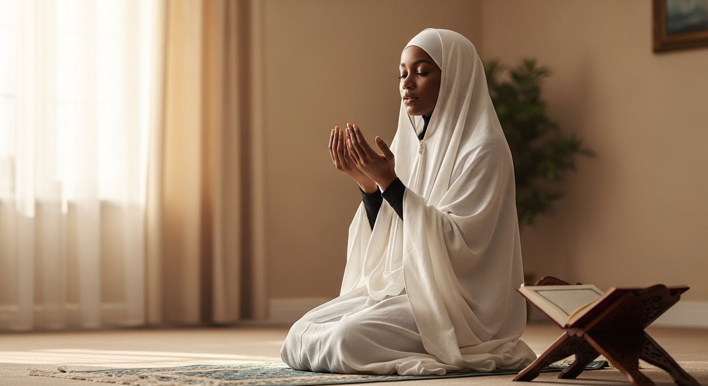 A black Muslim lady with a white hijab praying #2