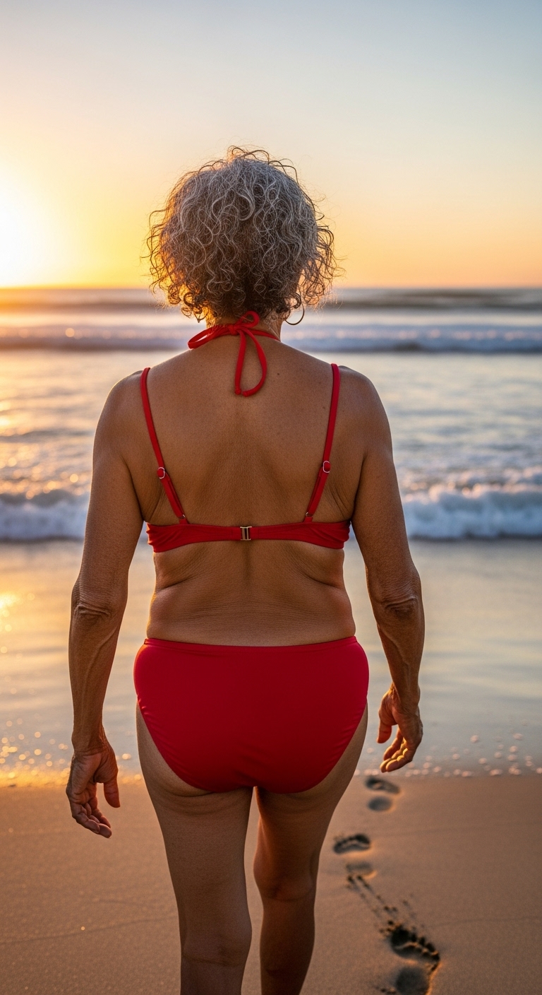 The back of an old black woman in a red bikini at the beach #2