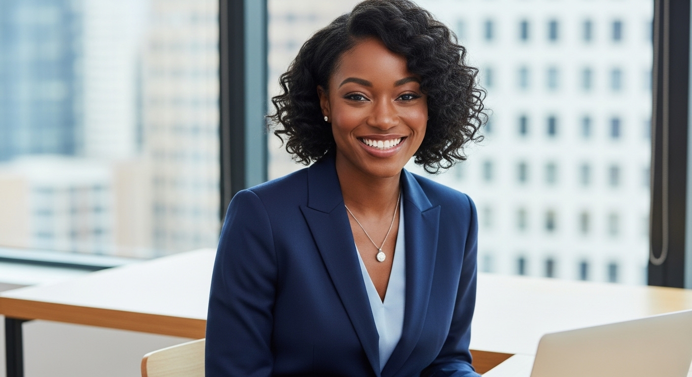 A black woman dressed in blue professional attire and smiling #1