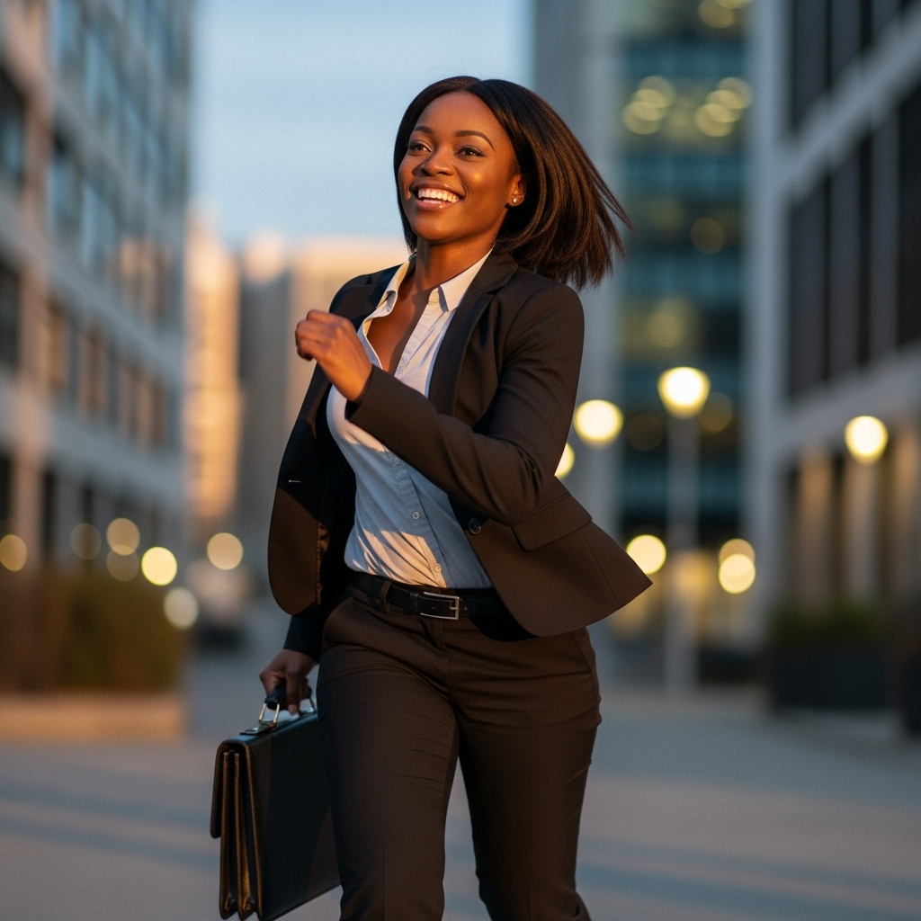 A black business woman in a suite, running and smiling #3