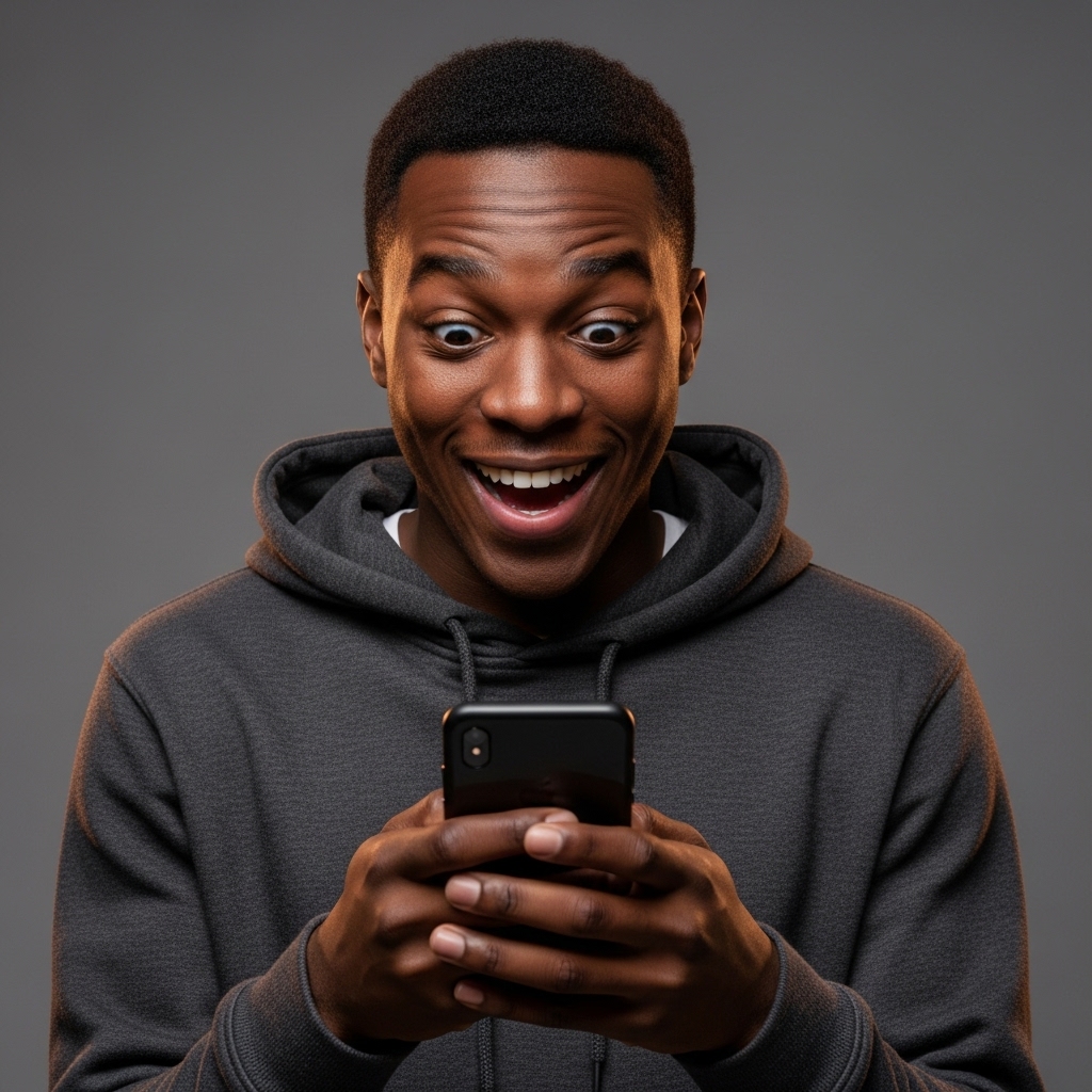 A young black man wearing a hoodie, looking at his smartphone with a shocked, happy expression #3