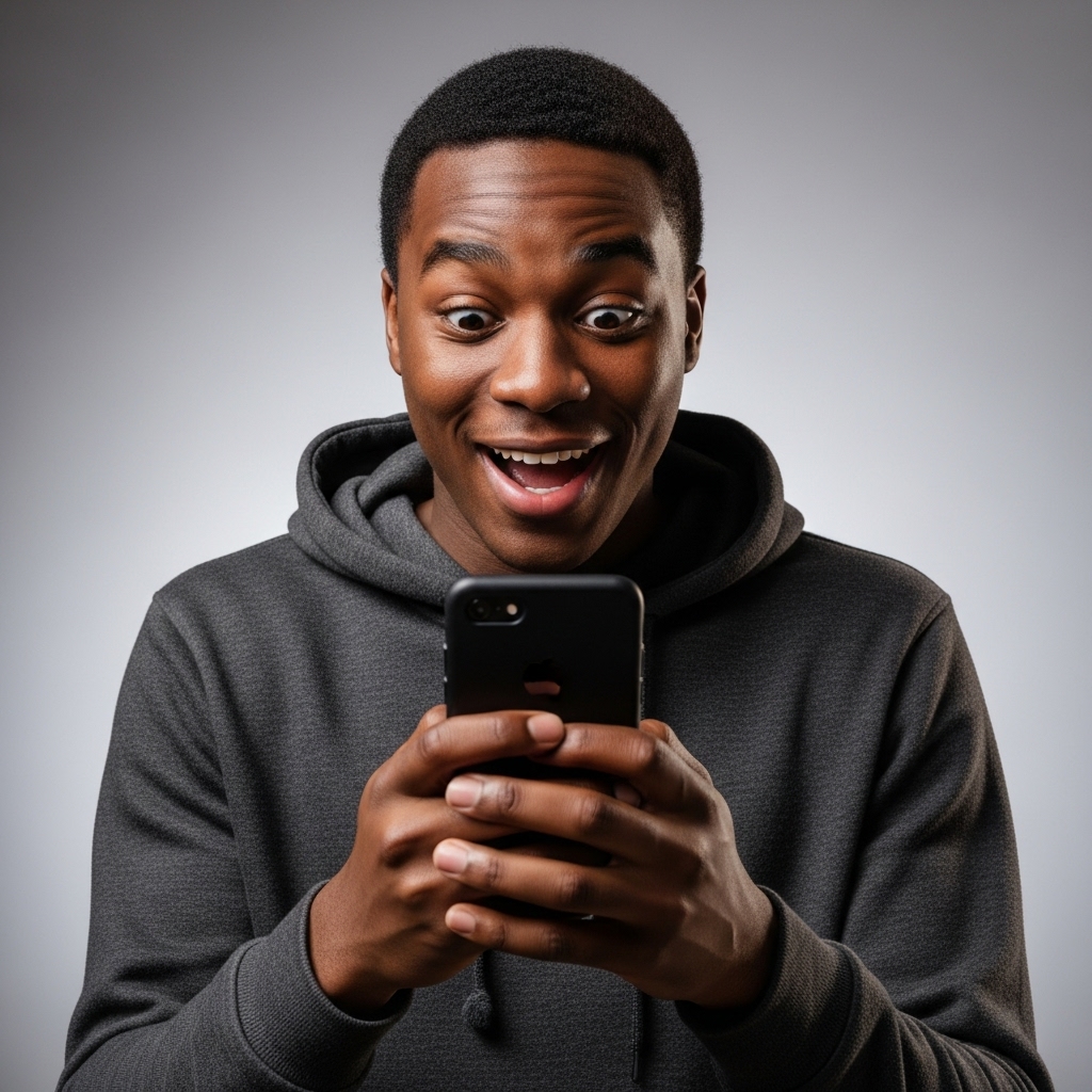 A young black man wearing a hoodie, looking at his smartphone with a shocked, happy expression #1