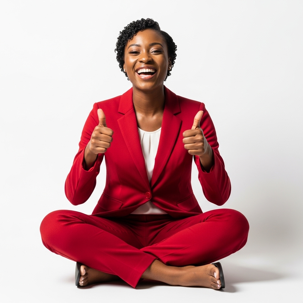 A black woman sitting cross-legged, smiling and giving thumbs up in a professional red outfit #3
