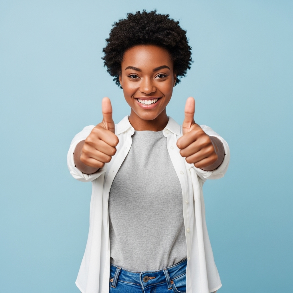 A cheerful young black pretty woman, smiling confidently and giving two thumbs up #4