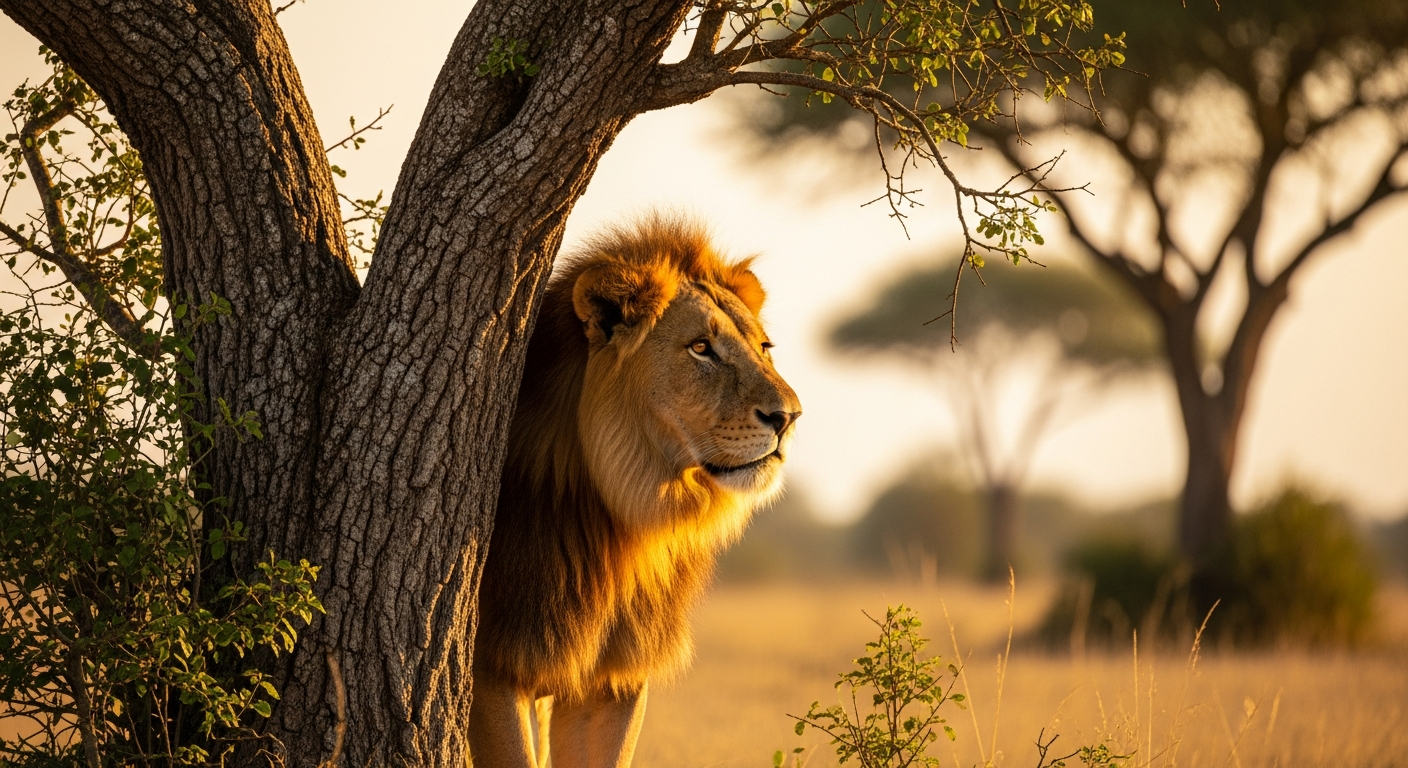 Lion standing behind a tree