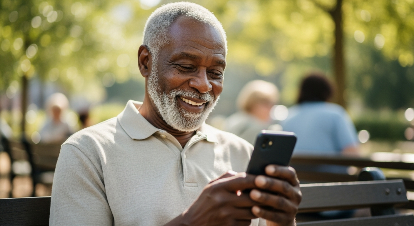 An old black man looking on his phone and smiling #1