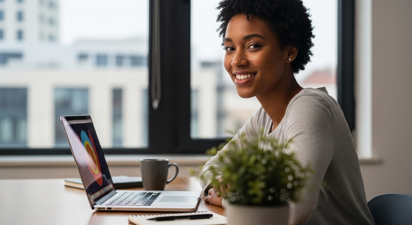A young, pretty black lady sitting behind her laptop and smiling #2