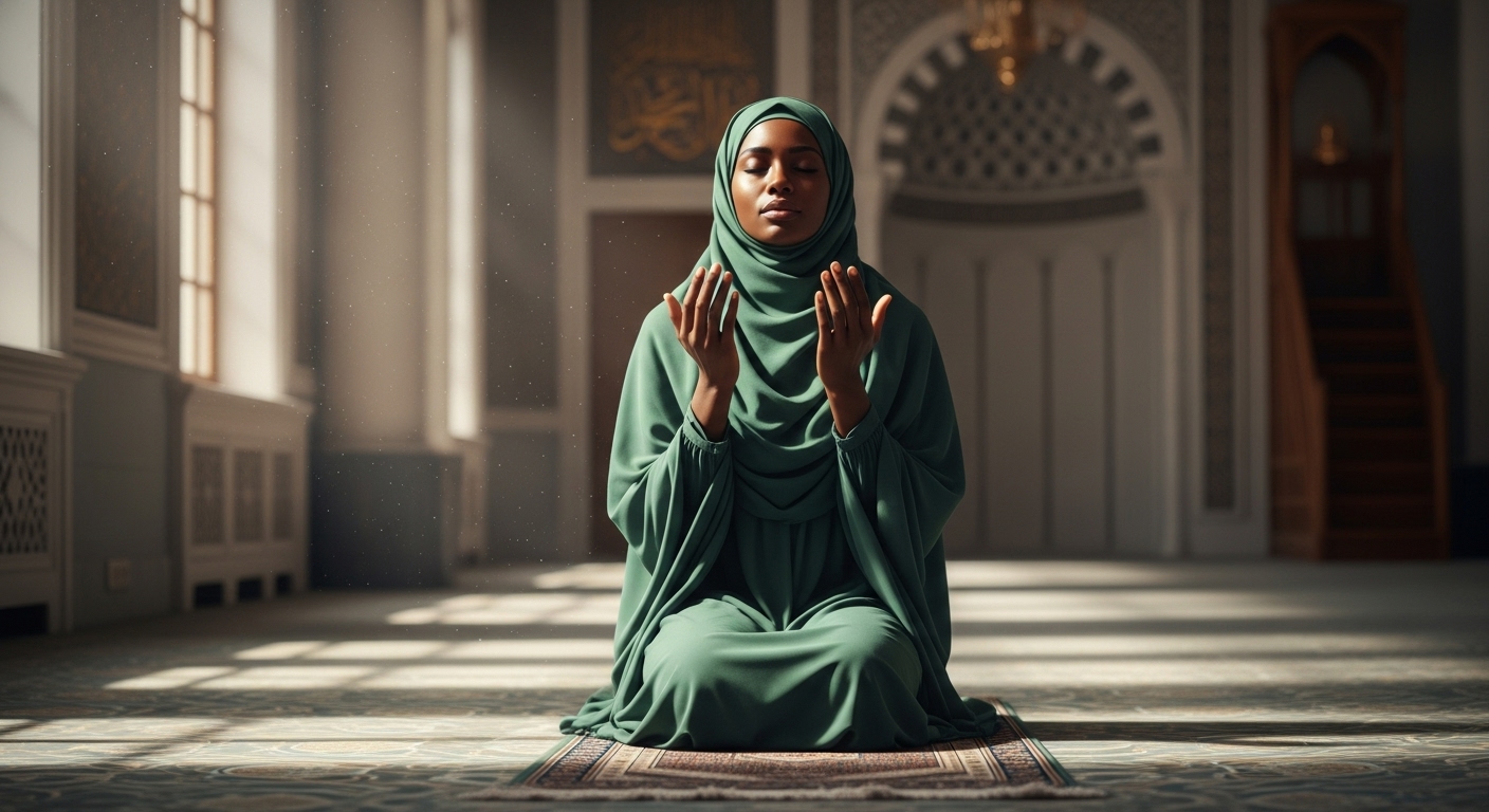 A black Muslim lady with a green hijab praying #3