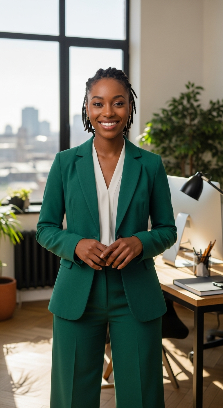 A pretty black lady in a green professional attire #3