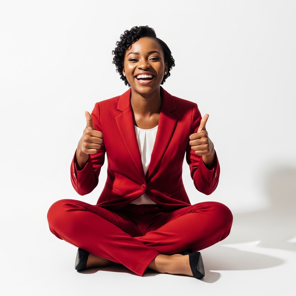 A black woman sitting cross-legged, smiling and giving thumbs up in a professional red outfit #1