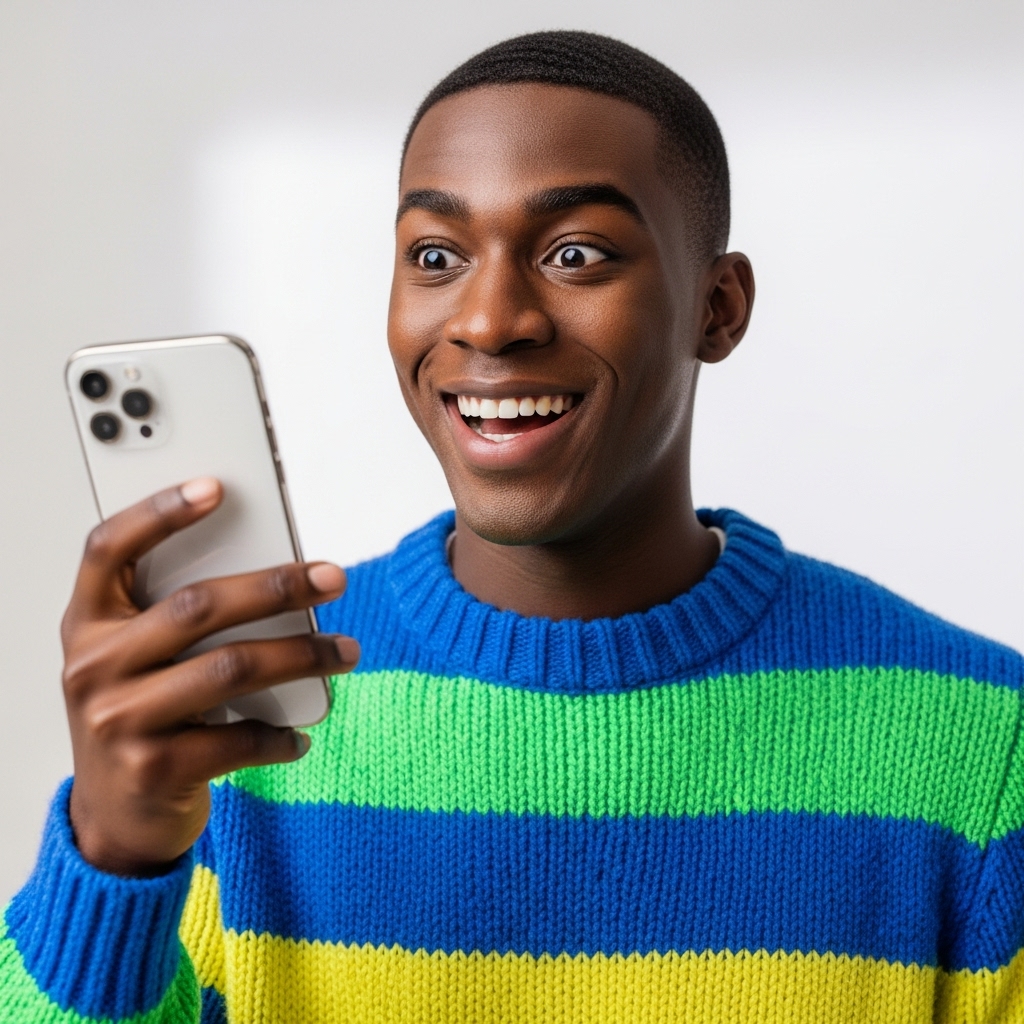 A young black man wearing a bright sweater, looking at his smartphone with a shocked, happy expression #3