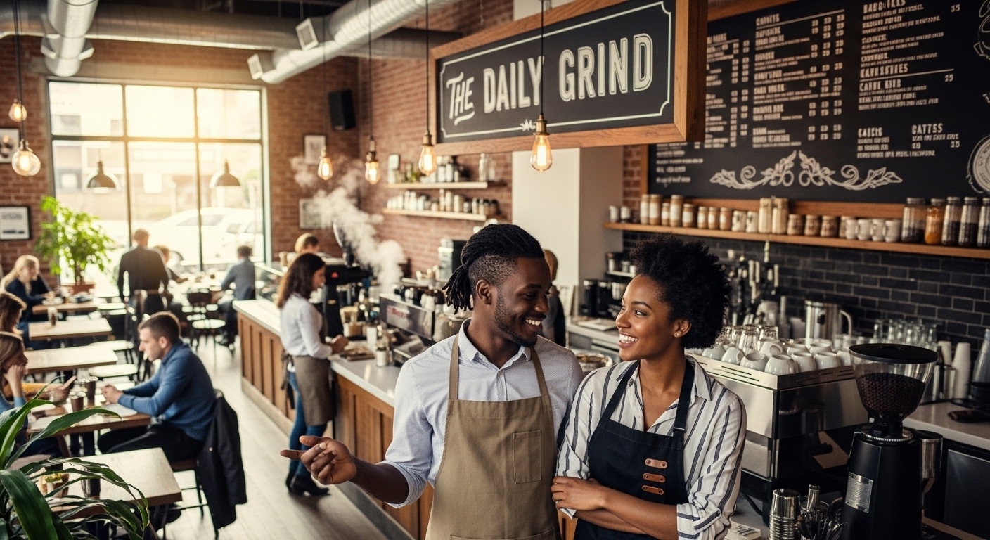 A young black man and woman looking happy, standing in their coffee shop #3