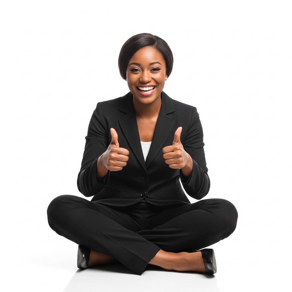 A black woman sitting cross-legged, smiling and giving thumbs up in a professional black outfit #3