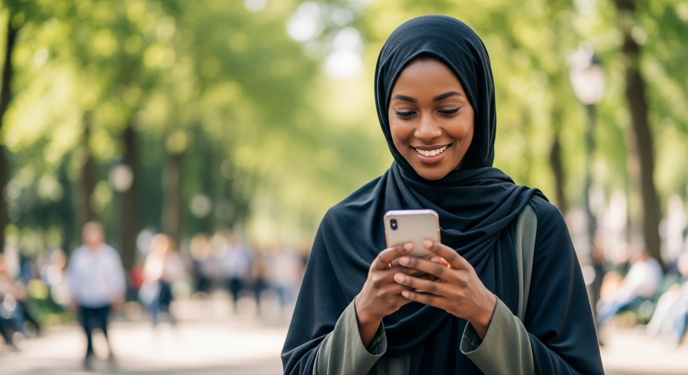 A black Muslim lady with a black hijab looking on her phone #2