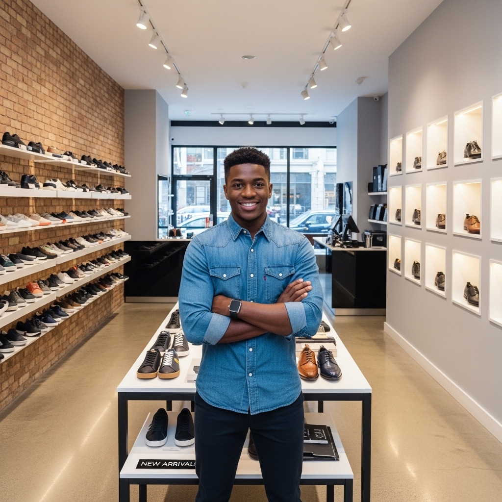 A black young man standing in his shoe shop and smiling #4