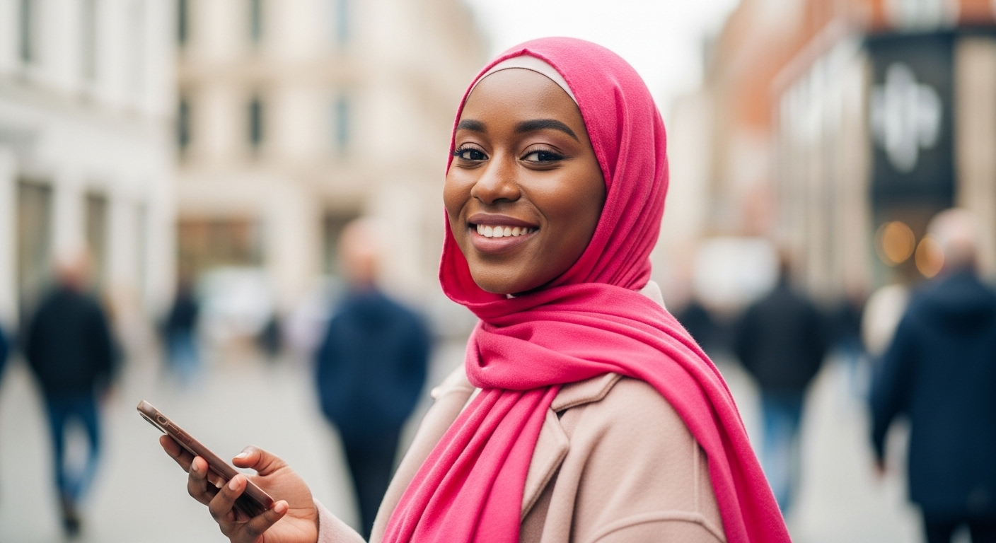 A black Muslim lady with a pink hijab looking on her phone #5
