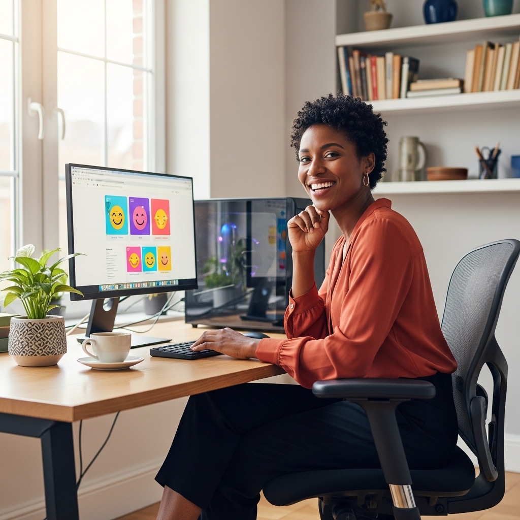 A happy African woman sitting in her office with her PC #2