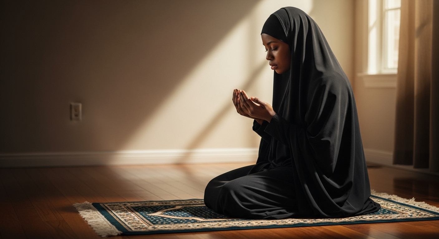 A black Muslim lady with a black hijab praying #4