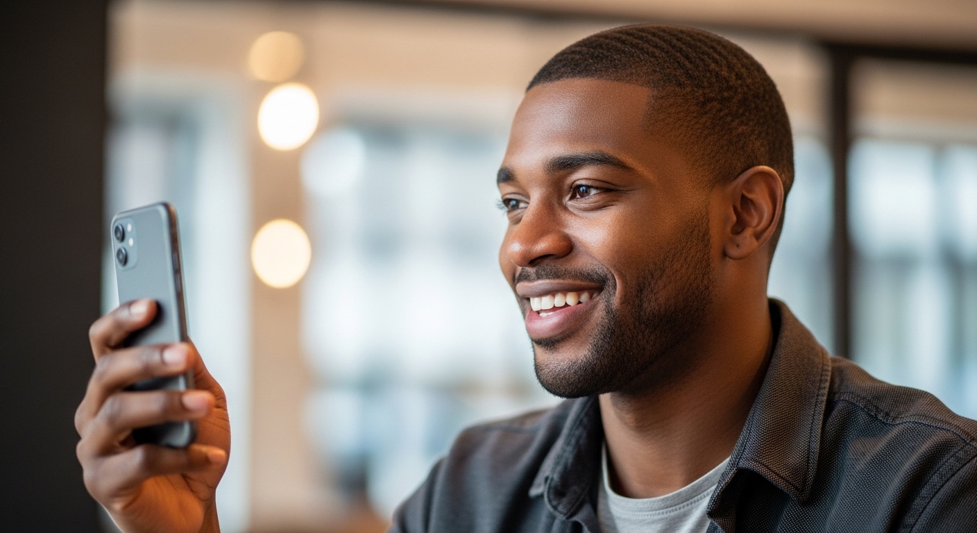 A handsome black man holding his phone and smiling #2