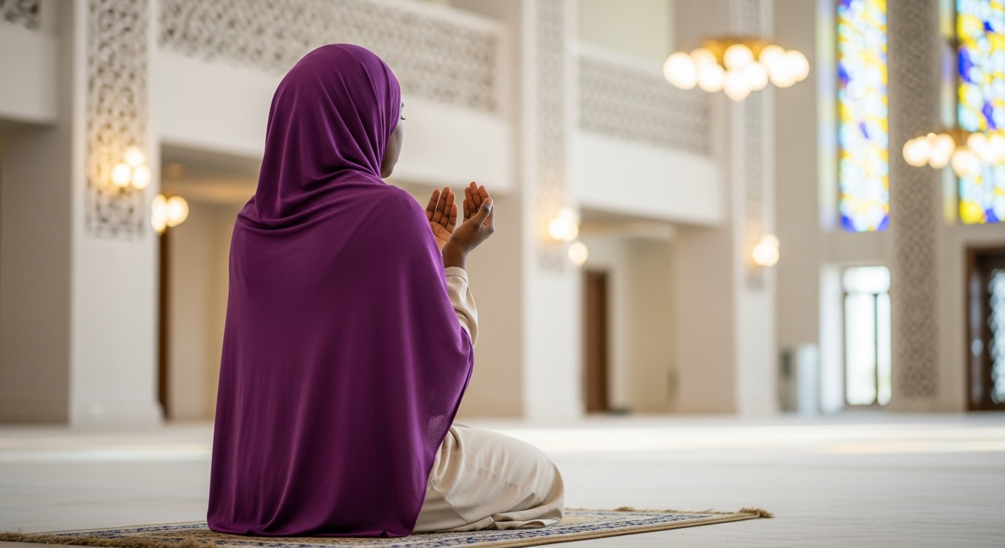 A black Muslim lady with a purple hijab praying #4