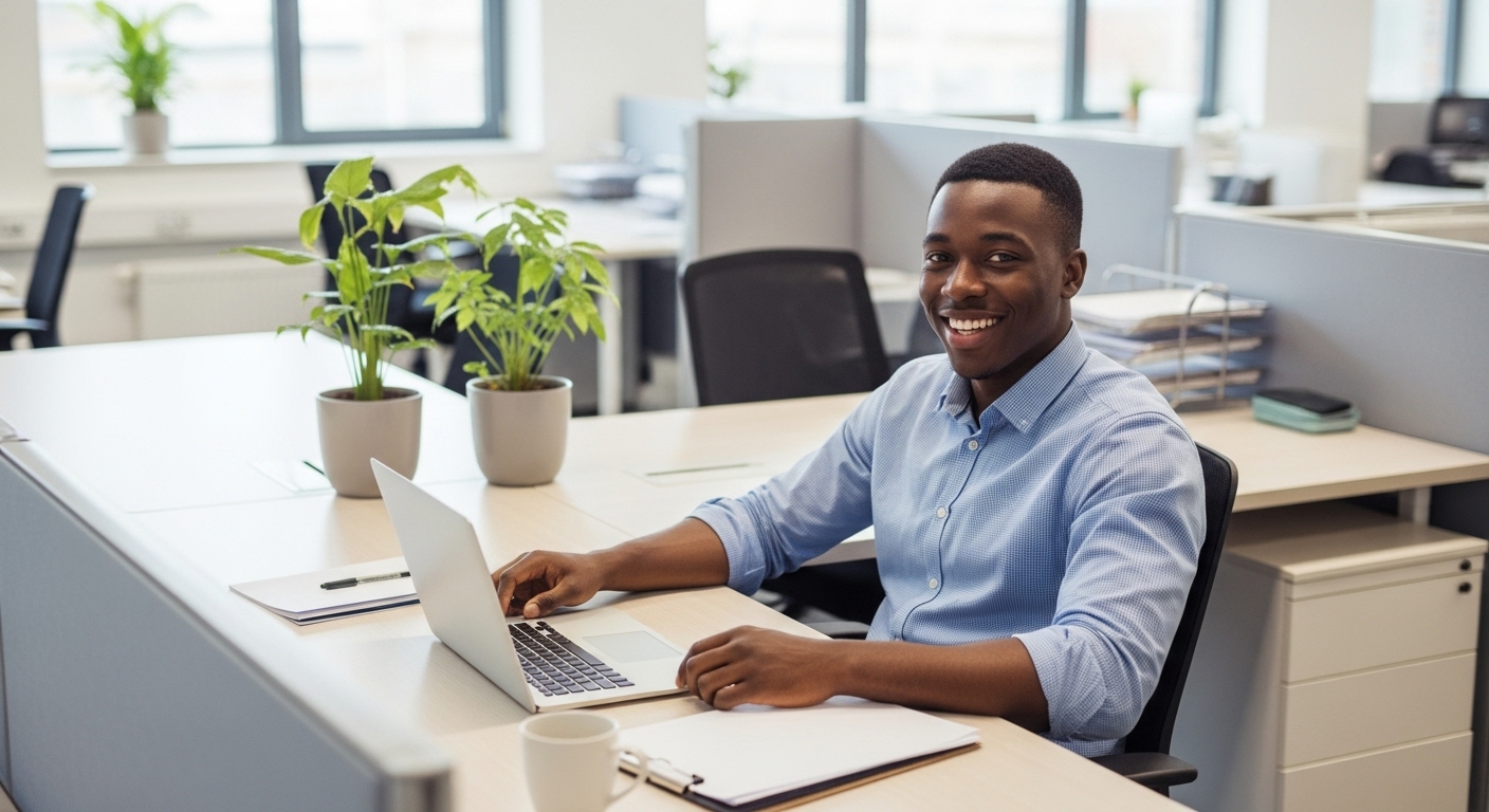 A young black man in an office space, looking happy while sitting at his desk #3