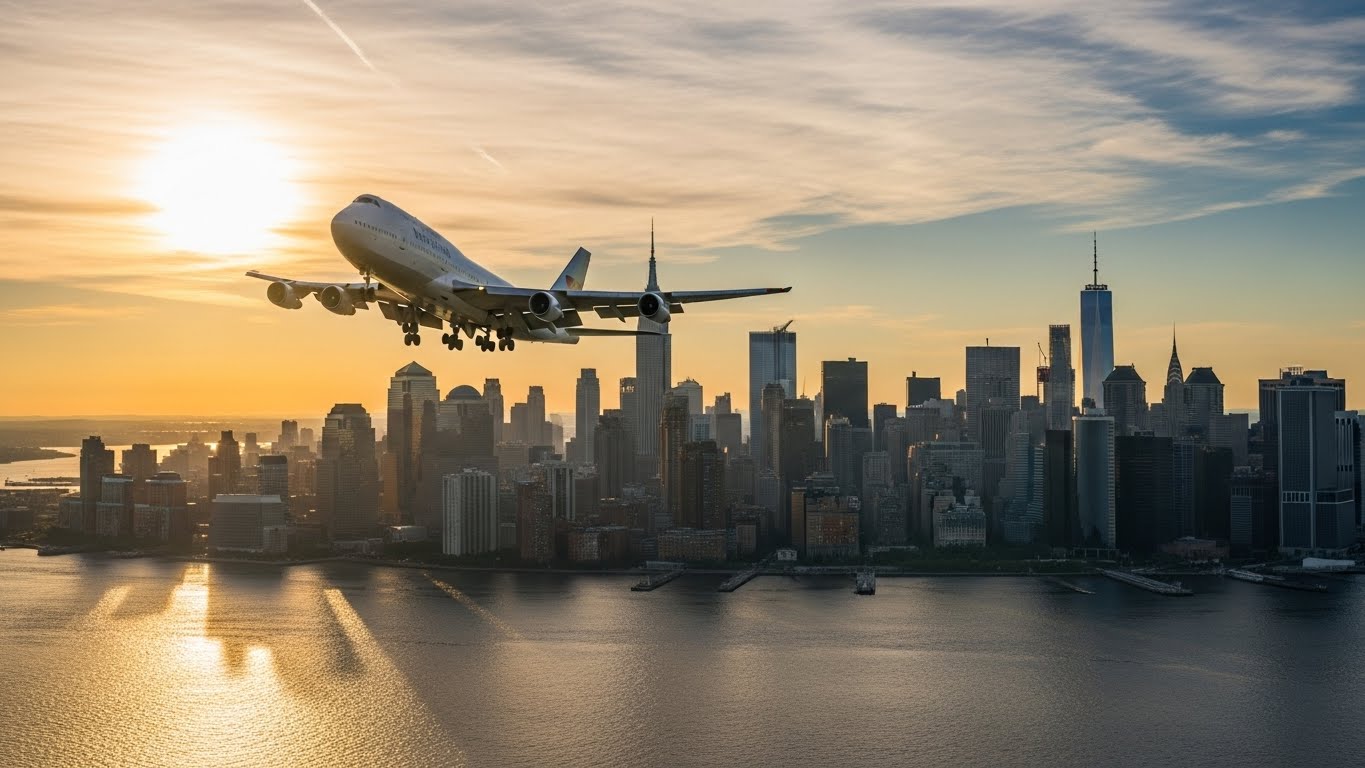 An airplane flying over Manhattan #4