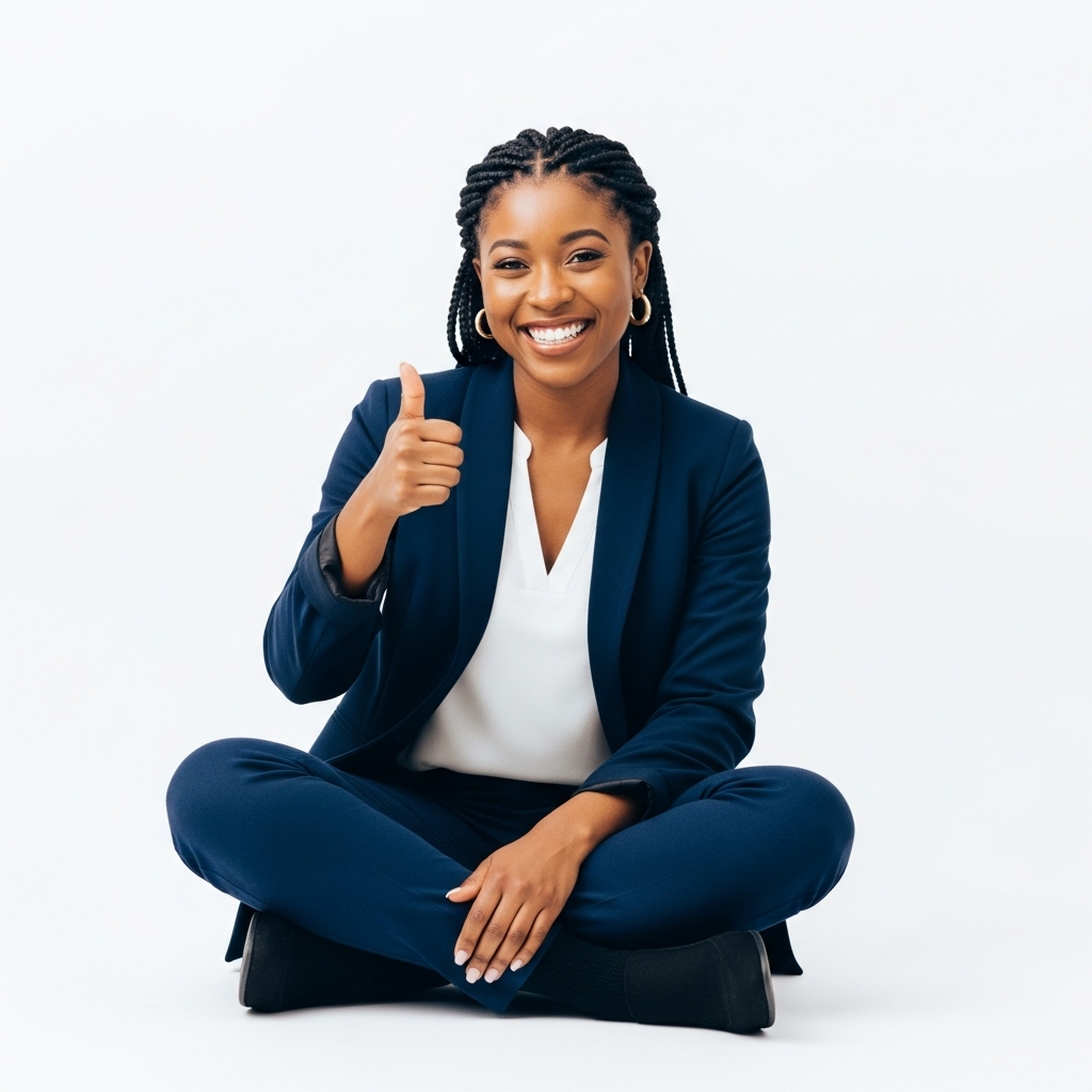 A black woman sitting cross-legged, smiling and giving thumbs up in a professional blue outfit #6
