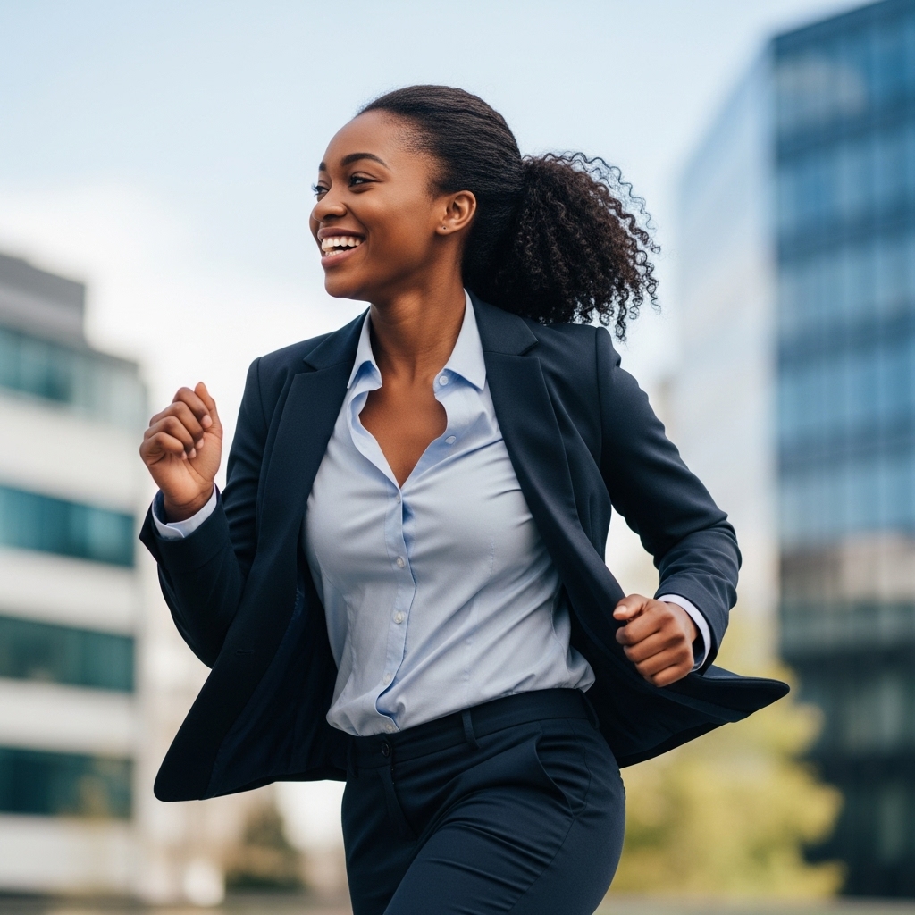 A black business woman in a suite, running and smiling #1