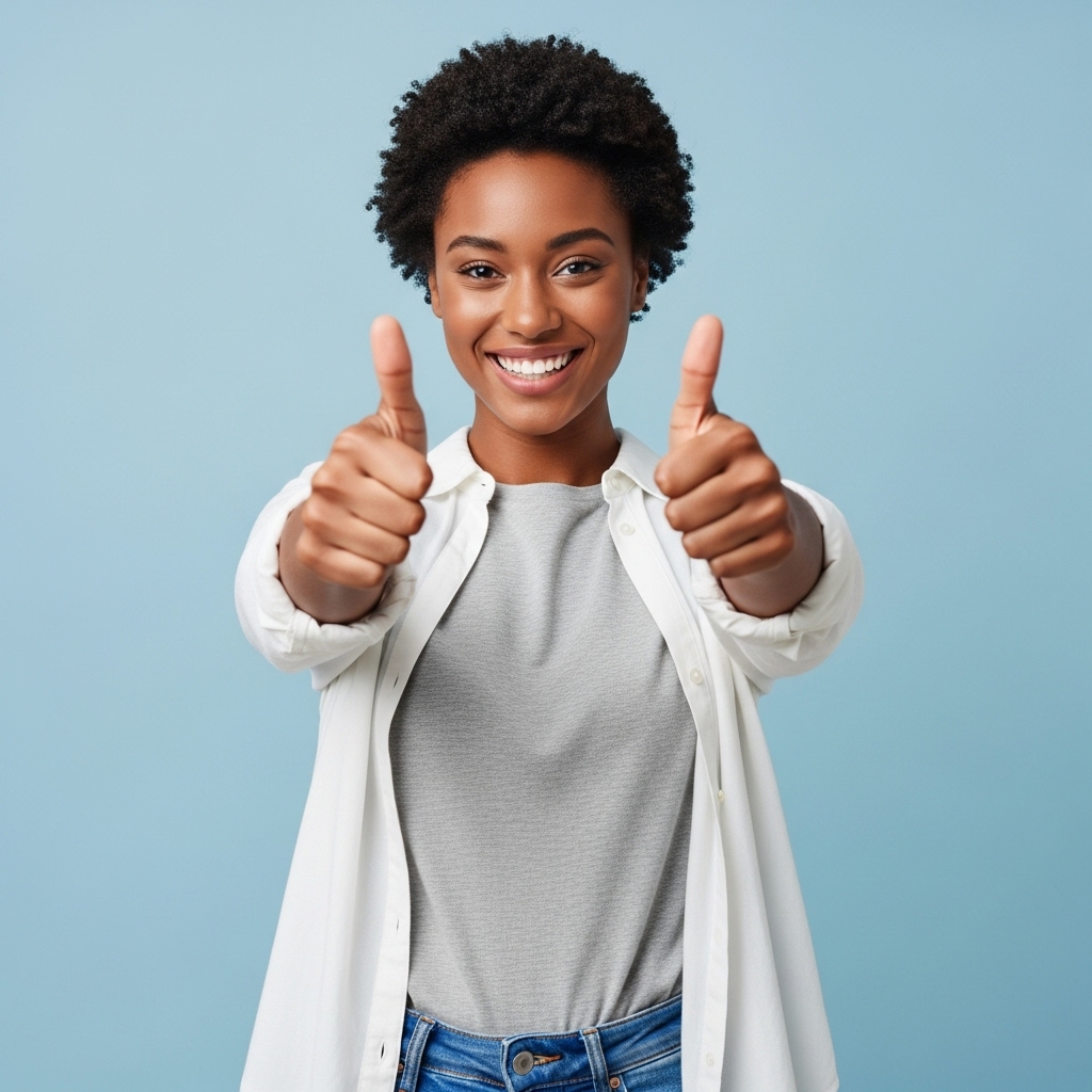 A cheerful young black pretty woman, smiling confidently and giving two thumbs up #2