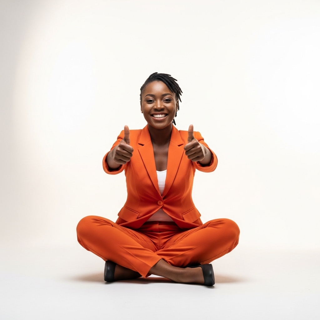 A black woman sitting cross-legged, smiling and giving thumbs up in a professional orange outfit #1