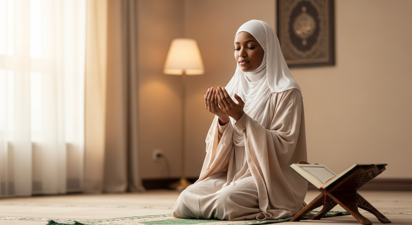 A black Muslim lady with a white hijab praying #4