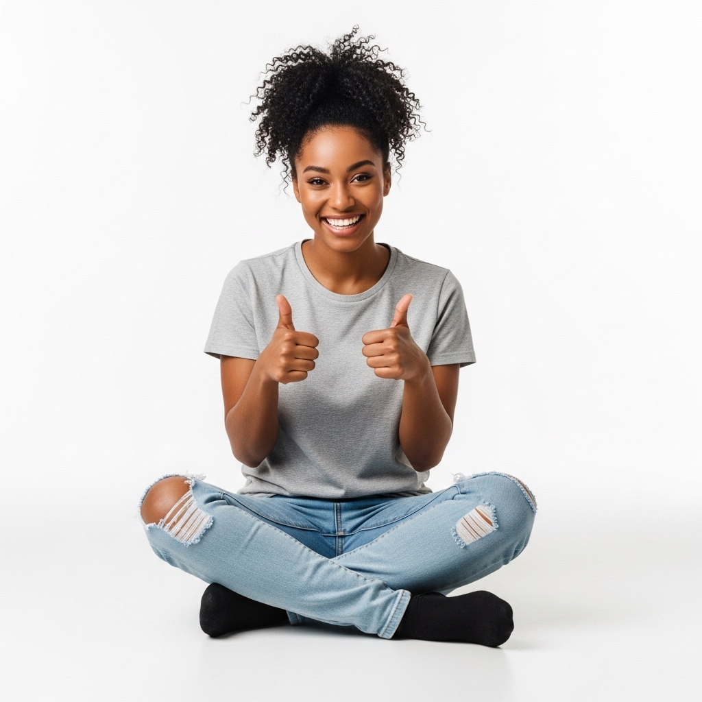 A black woman sitting cross-legged, smiling and giving thumbs up in a casual outfit #3