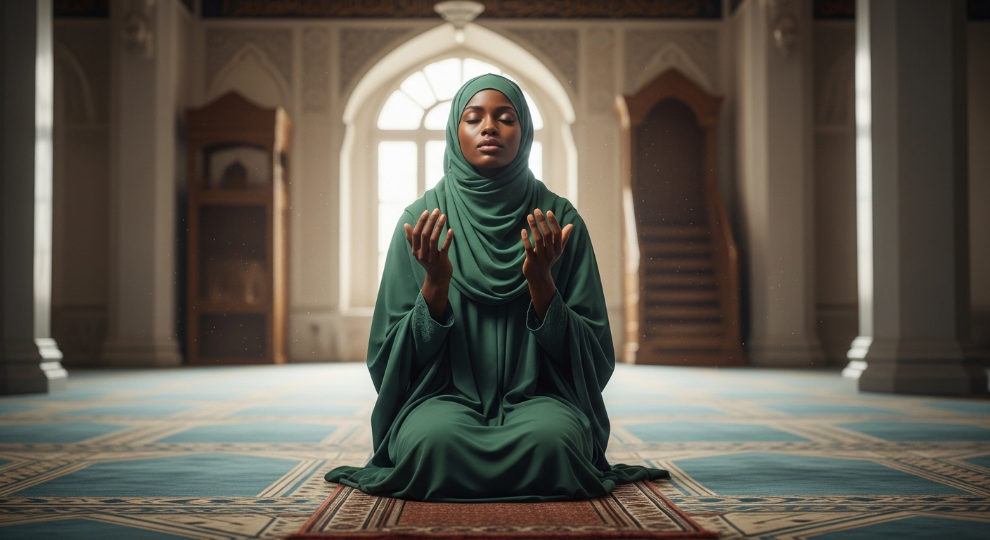 A black Muslim lady with a green hijab praying #1