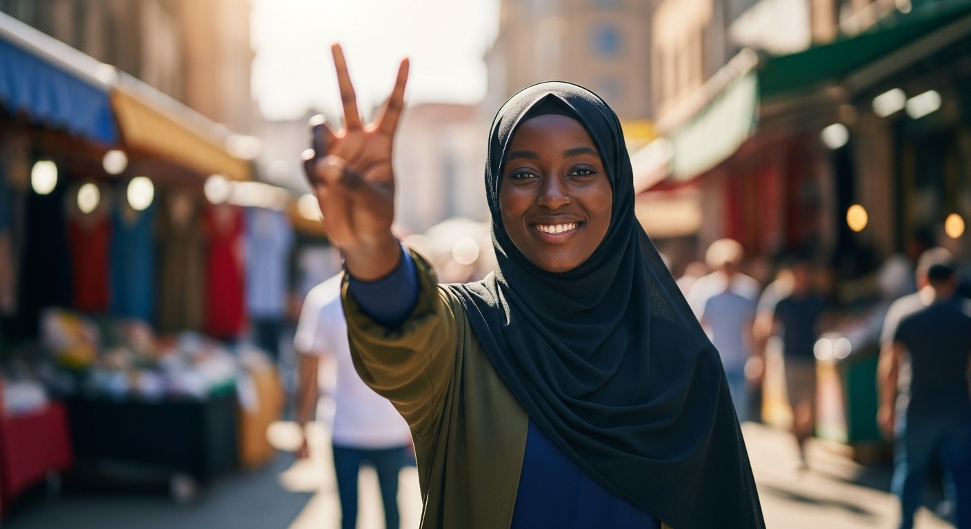 A black Muslim lady with a black hijab hoding 2 fingers up #4