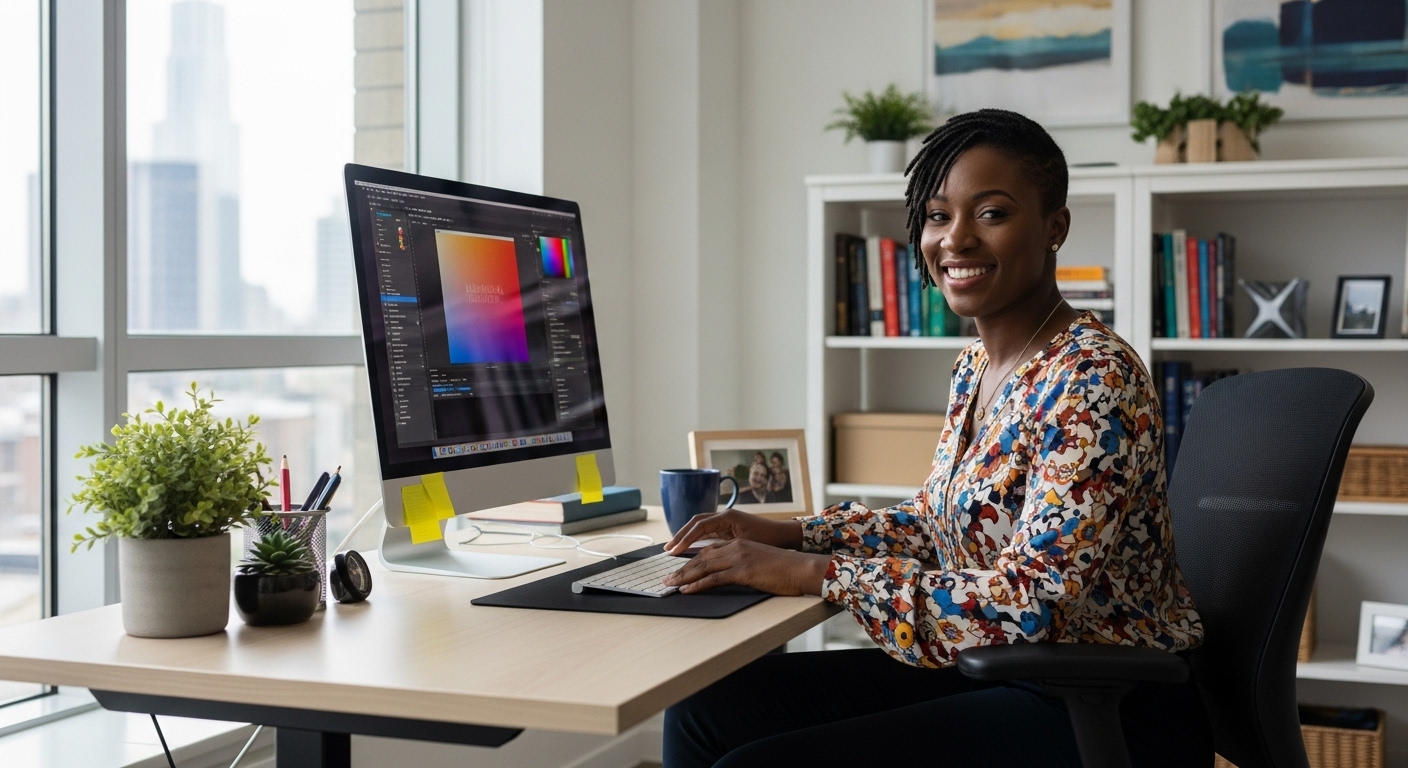A happy black woman sitting in her office with her PC #4