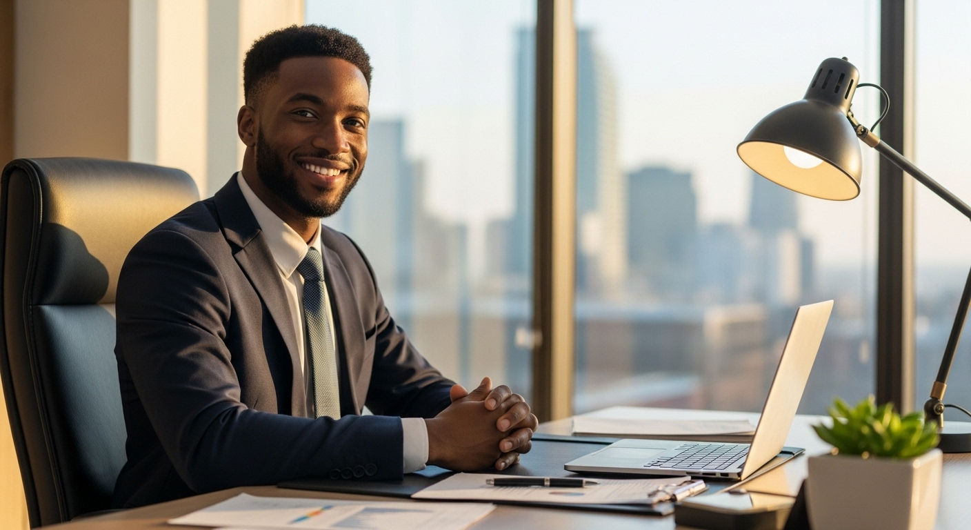 A happy young black man in professional attire in his office #3