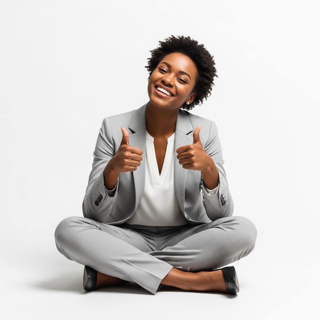 A black woman sitting cross-legged, smiling and giving thumbs up in a professional grey outfit #4