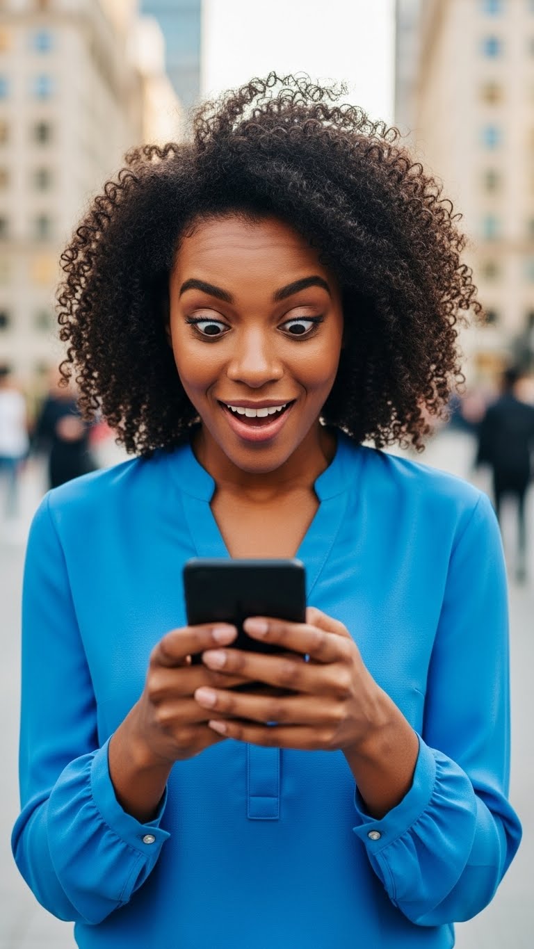 A young black, pretty woman in blue, looking at her smartphone with a shocked, happy expression #1