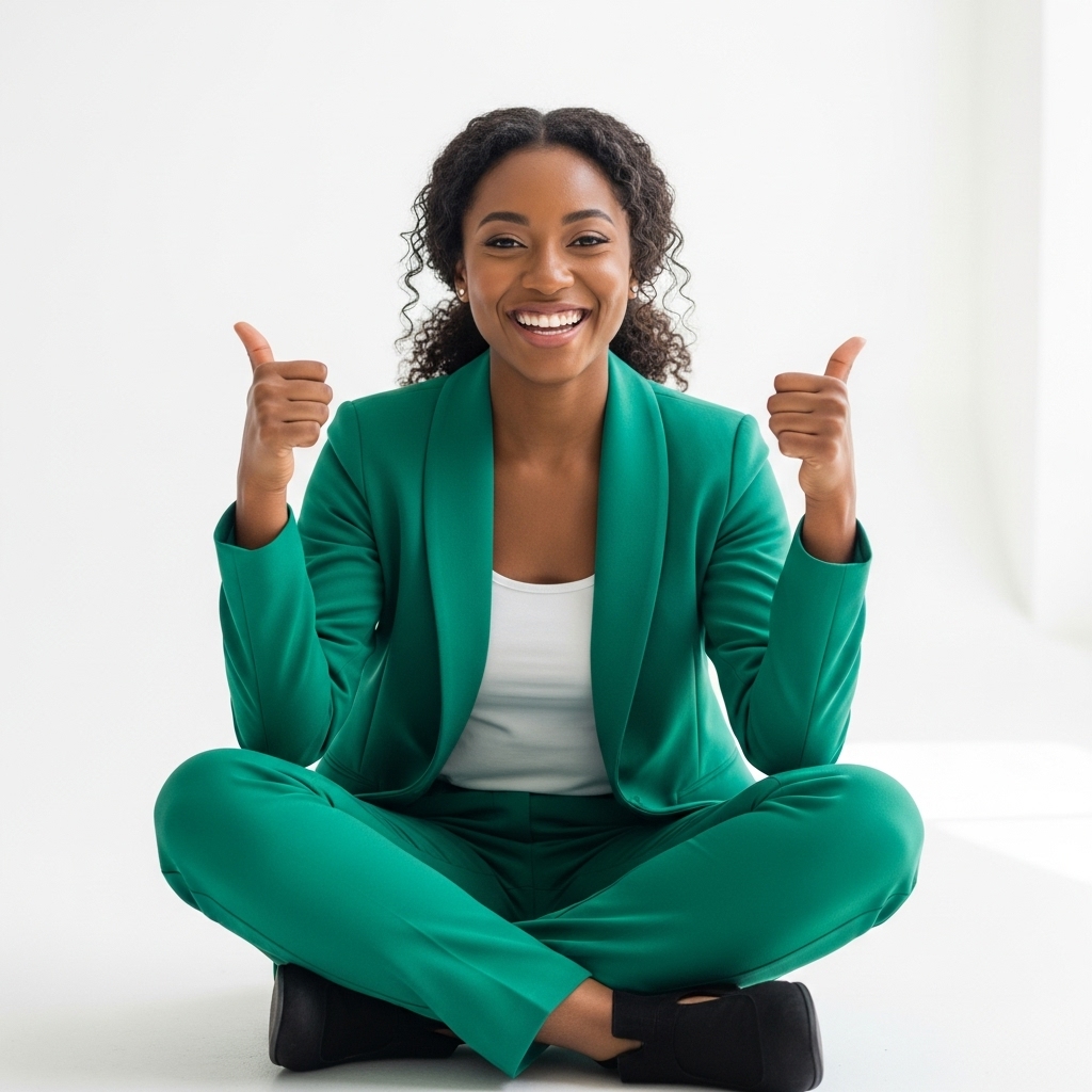 A black woman sitting cross-legged, smiling and giving thumbs up in a professional green outfit #2