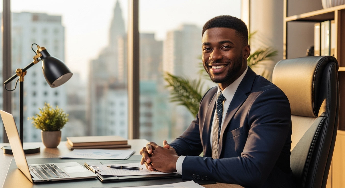 A happy young black man in professional attire in his office #1