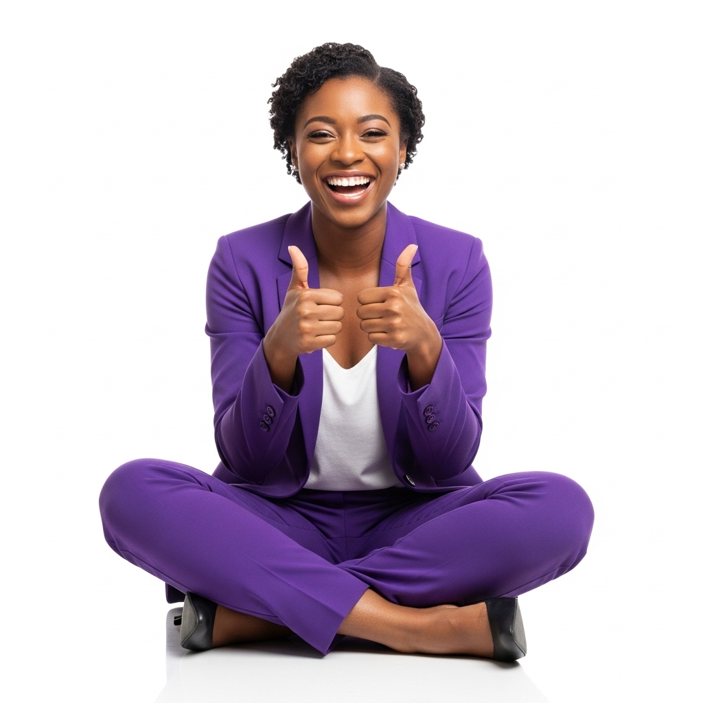 A black woman sitting cross-legged, smiling and giving thumbs up in a professional purple outfit #3