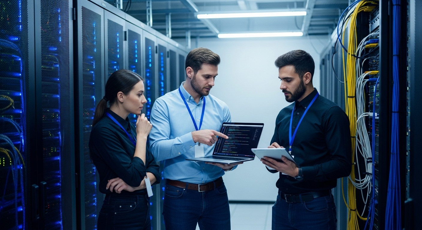 Team of 3 IT professionals in a server room #1